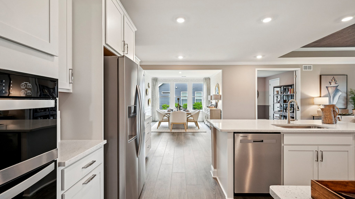 An open-concept kitchen that flows into the dining area.