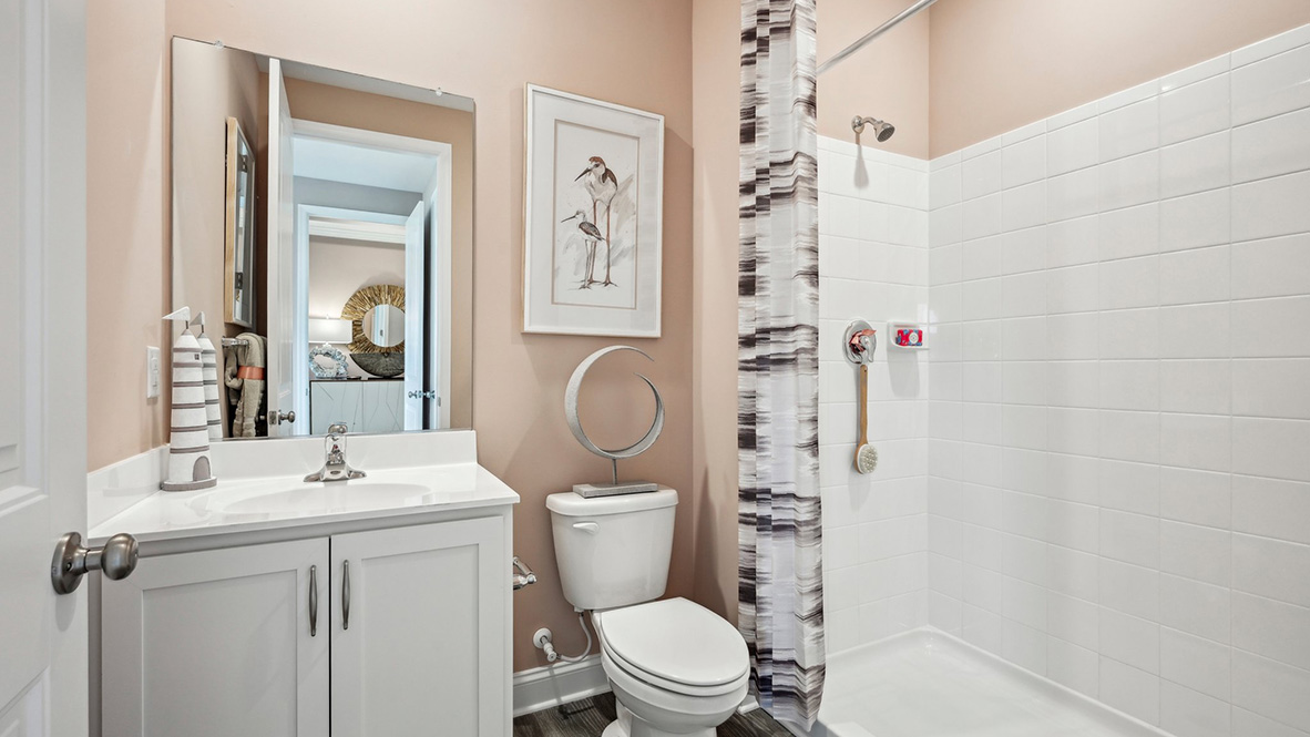 Walk-in shower with vanity and toilet.