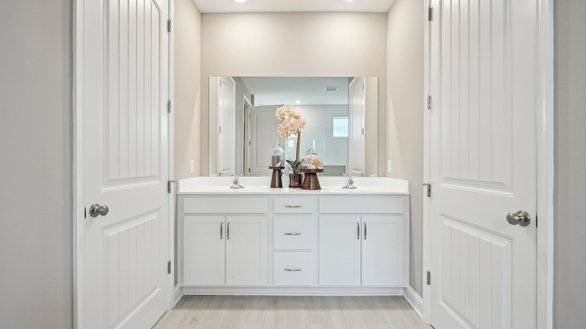 The primary bathroom has a large double-bowl vanity.