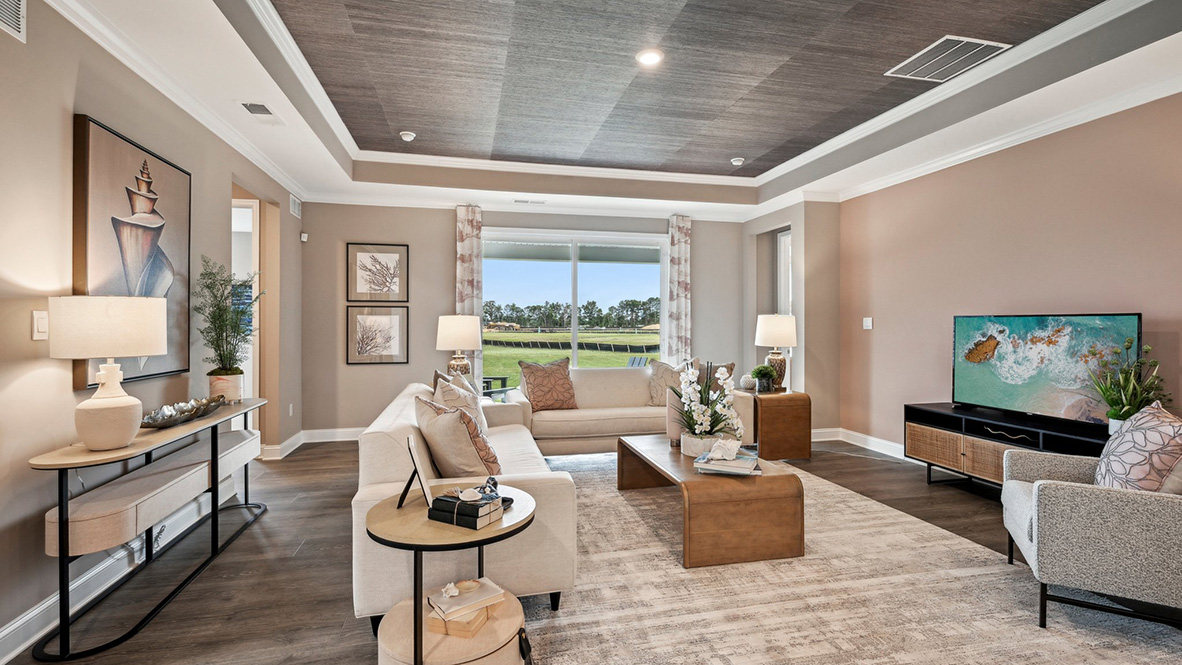 Large living area with tray ceiling.