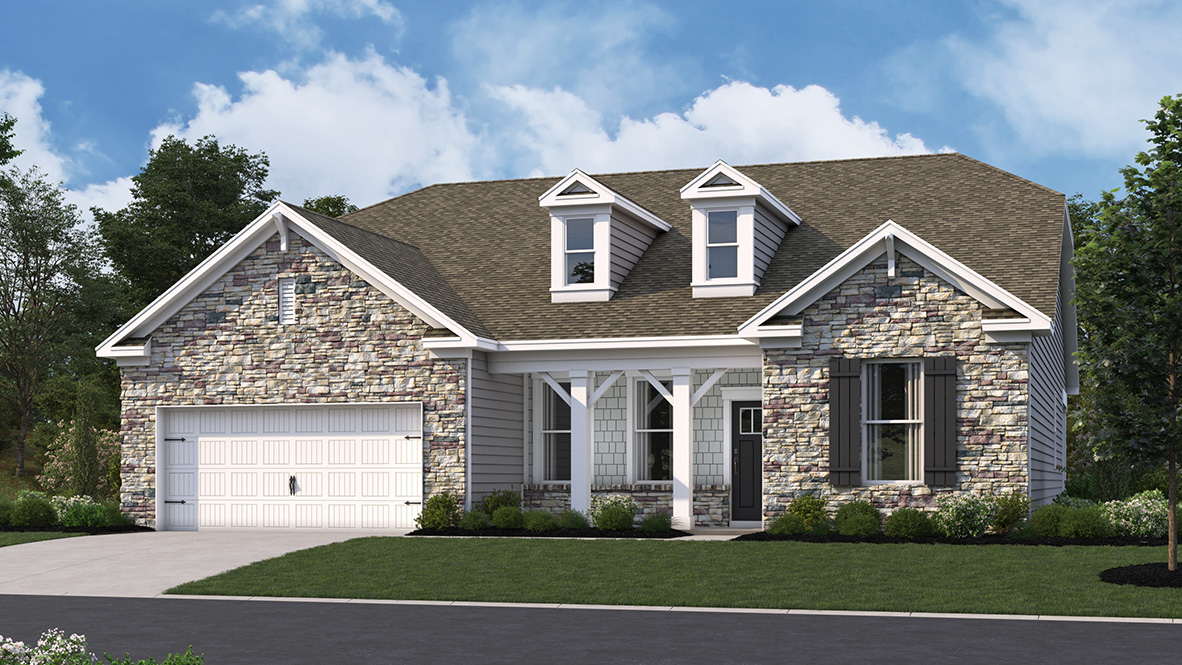 A rendering of a Galveston home with a stone face and large front porch.