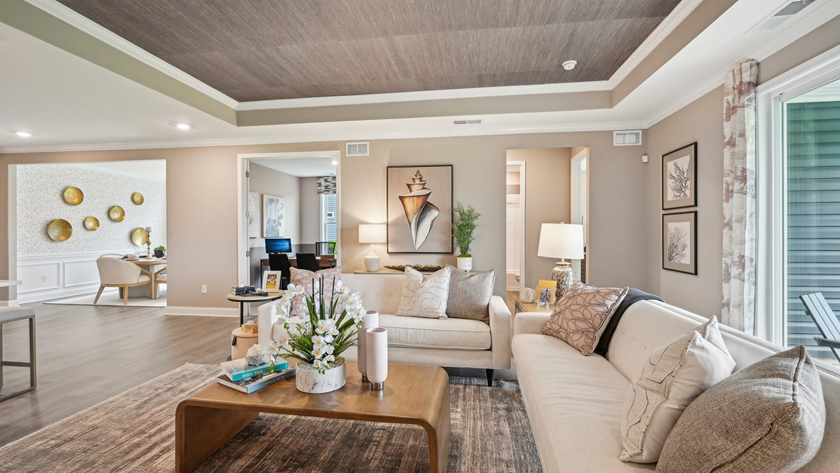 The dining room flows nicely into the living space.