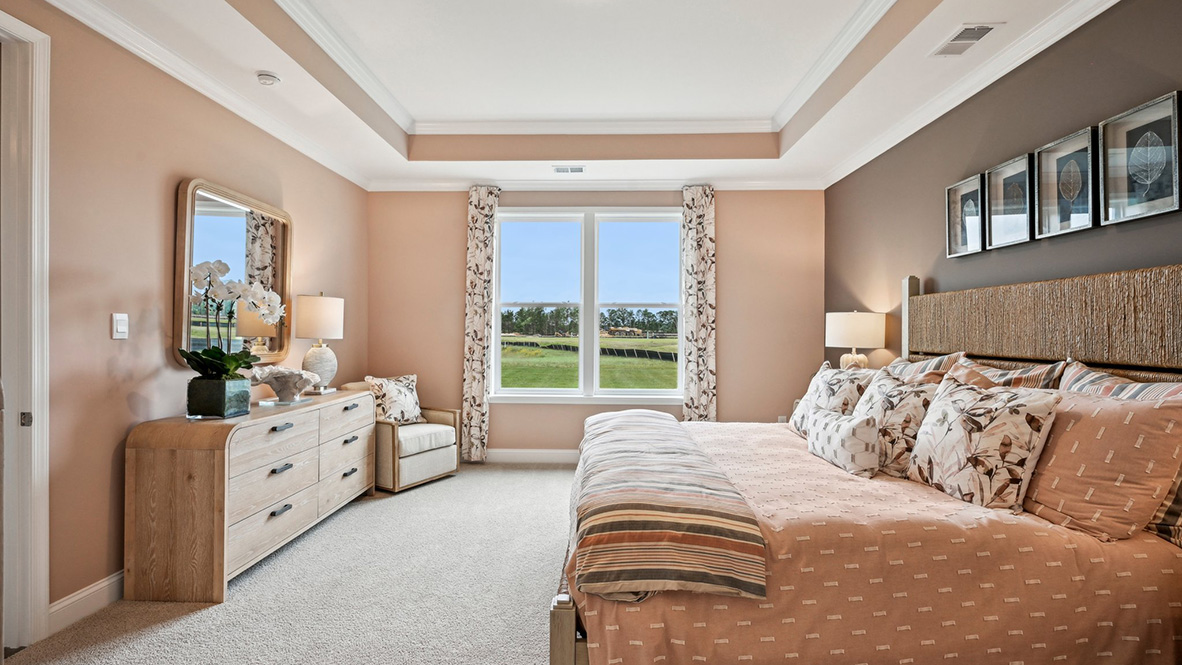 The primary bedroom has a large window to bring in lot of light.