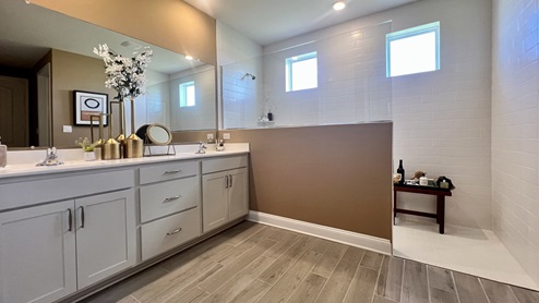 The primary bathroom has an expansive walk-in shower.