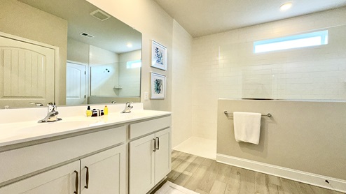 Guest bathroom with double bowl vanity and walk-in shower.