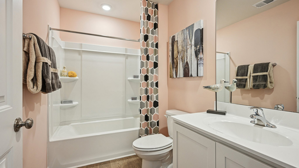 The guest bathroom includes a vanity, toilet, and shower tub.