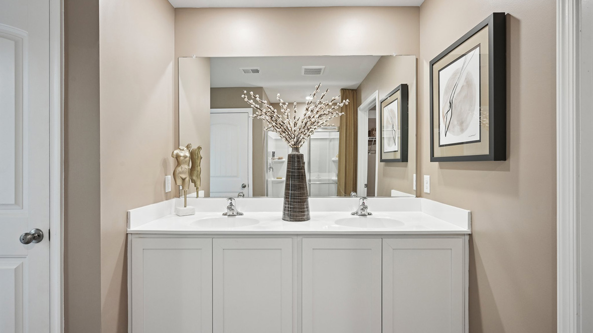 The owner's bathroom has a double-bowl vanity.
