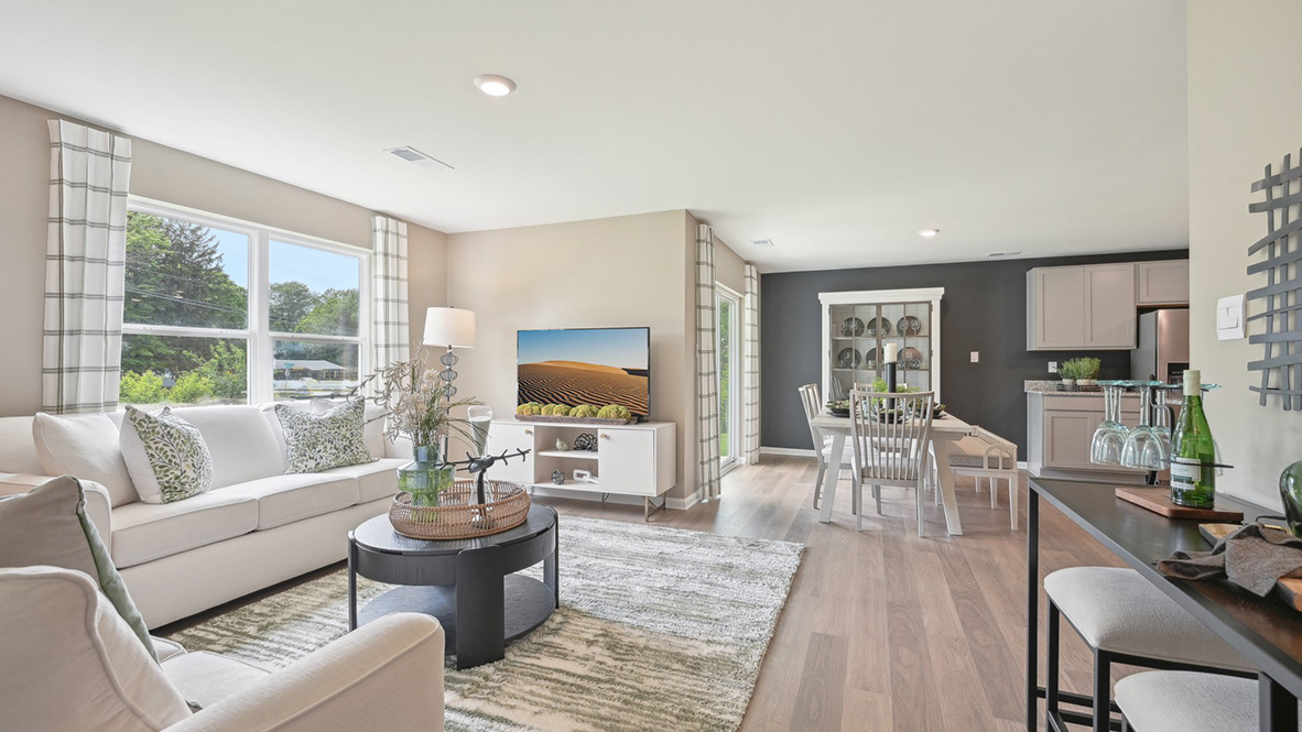 The dining area continues into the living area.