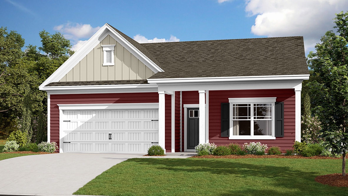 A rendering of a one story Cali home with large front porch.