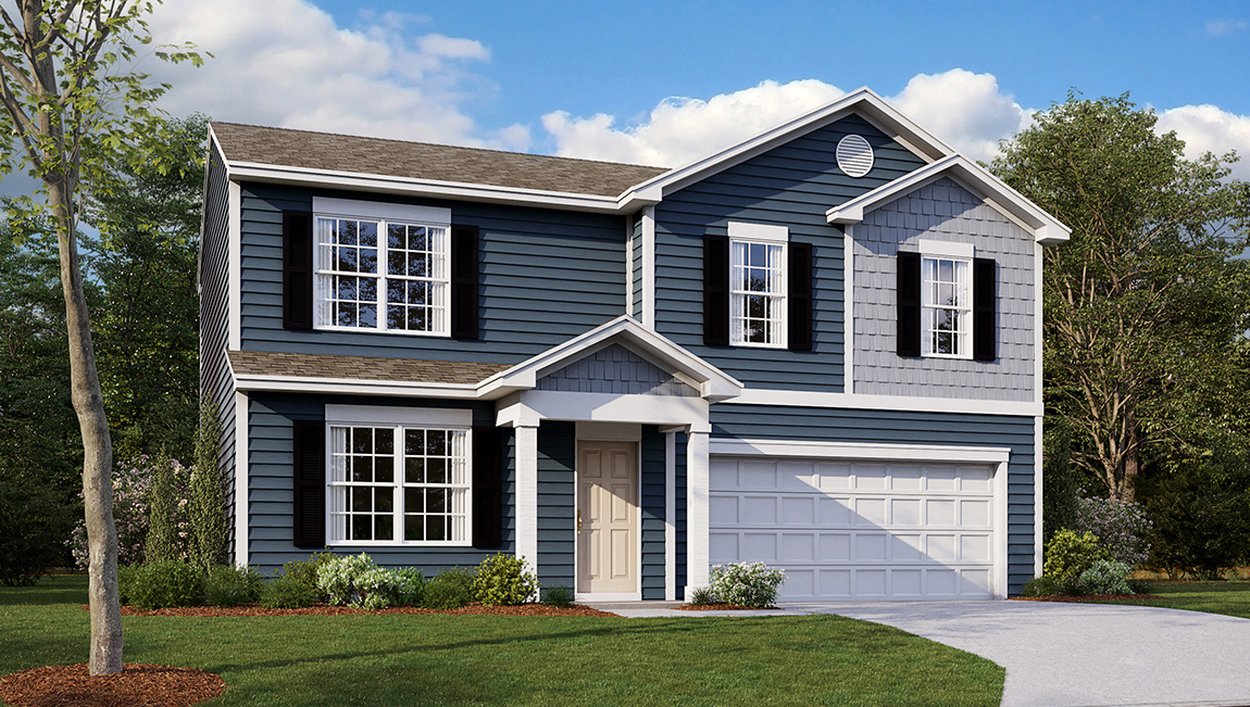 A rendering of a Glendale model with blue siding and black siding.