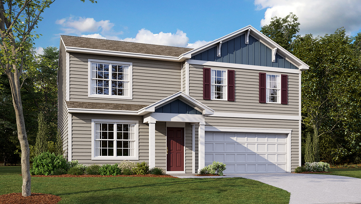 A rendering of a Glendale with tan siding and a red door.