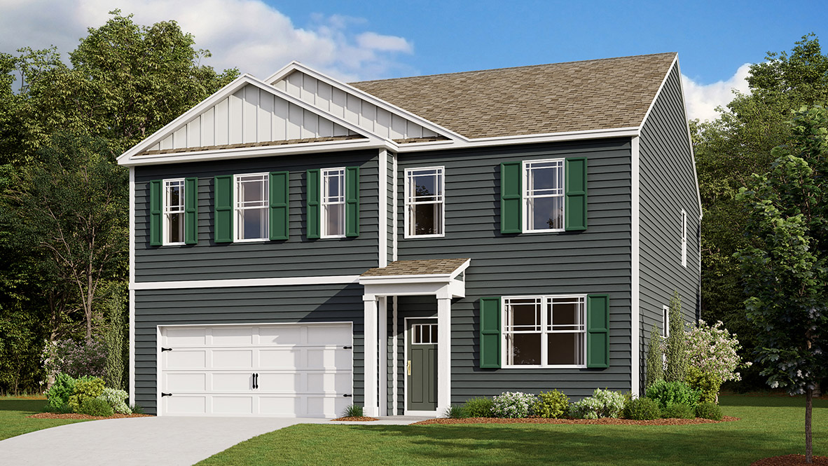 A rendering of a Hanover home with green siding.