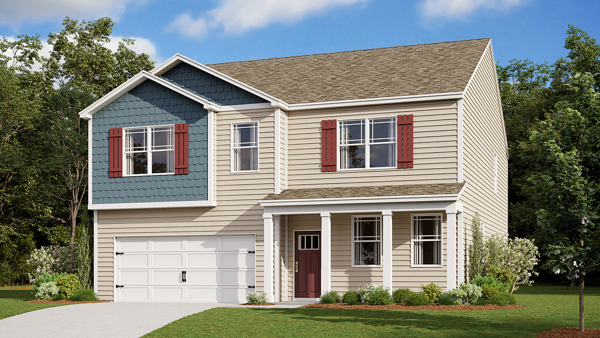 A rendering of a Hanover home with tan siding and a red front door.