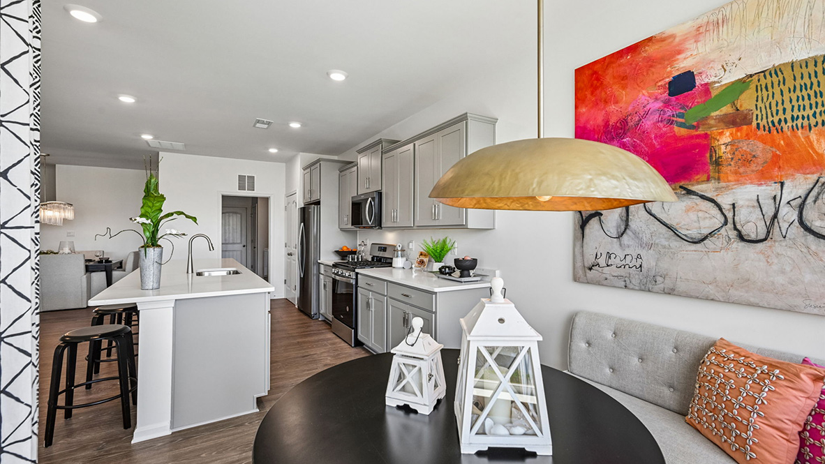 The kitchen is open to the breakfast nook.