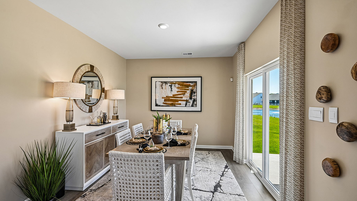 The dining room leads to a quiet, covered porch.