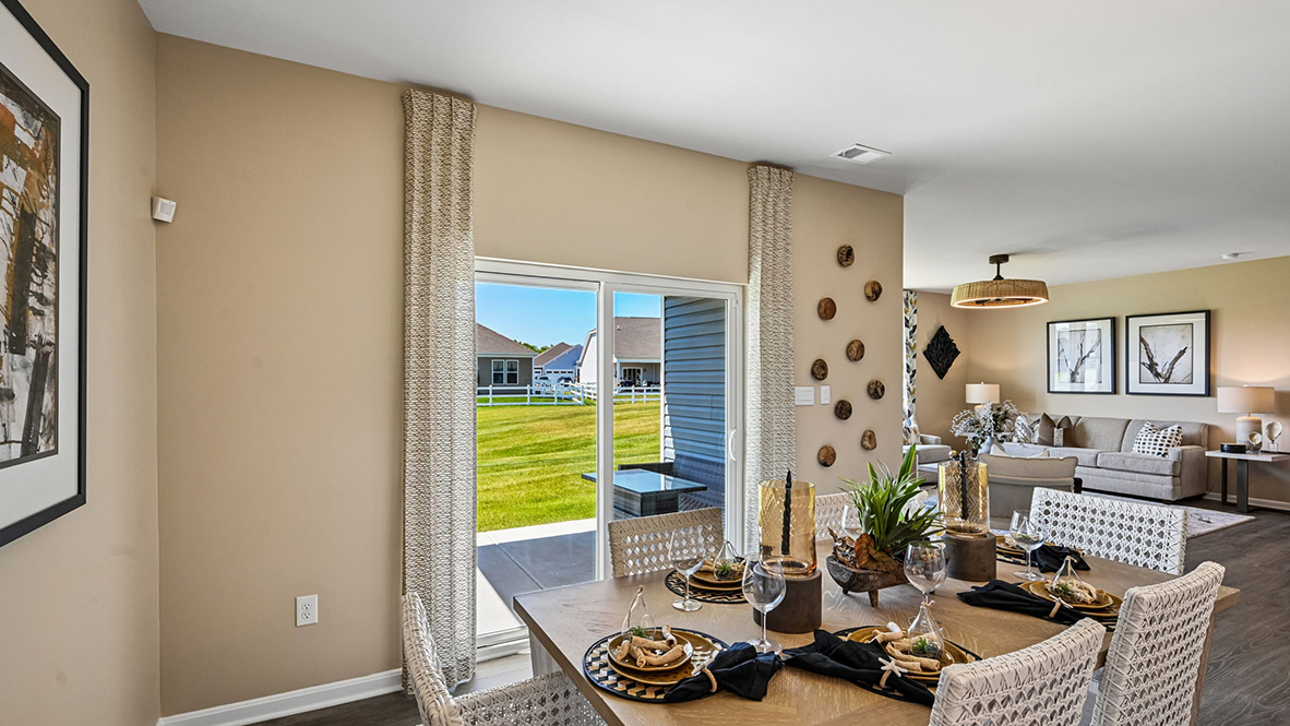 The dining room leads to a quiet, covered porch.