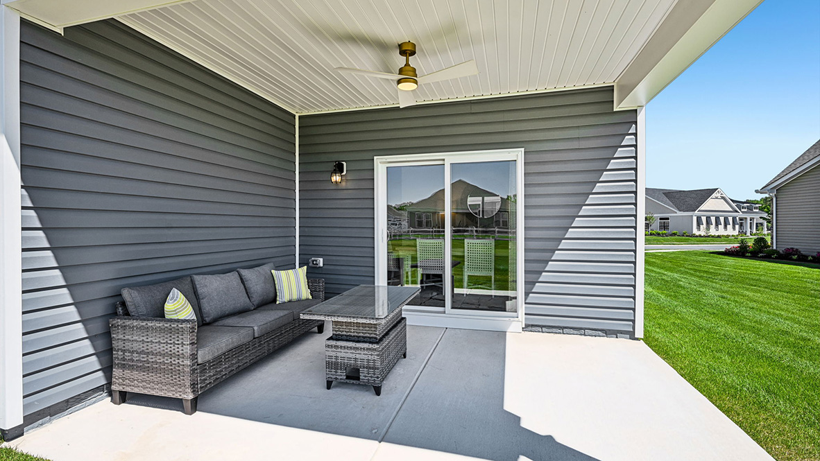 The Galveston has a covered porch off the back of the home.