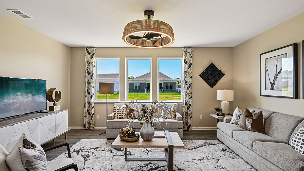 The large living area overlooks the kitchen.