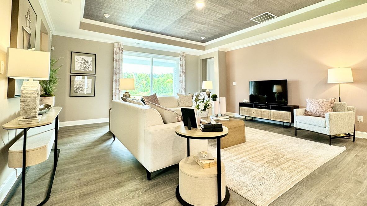 Large living area with tray ceiling.