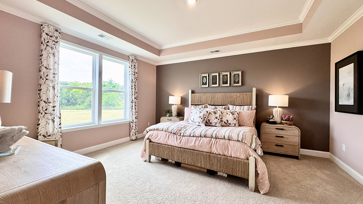 Primary bedroom with tray ceiling.