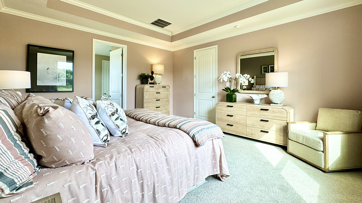 Primary bedroom with tray ceiling.
