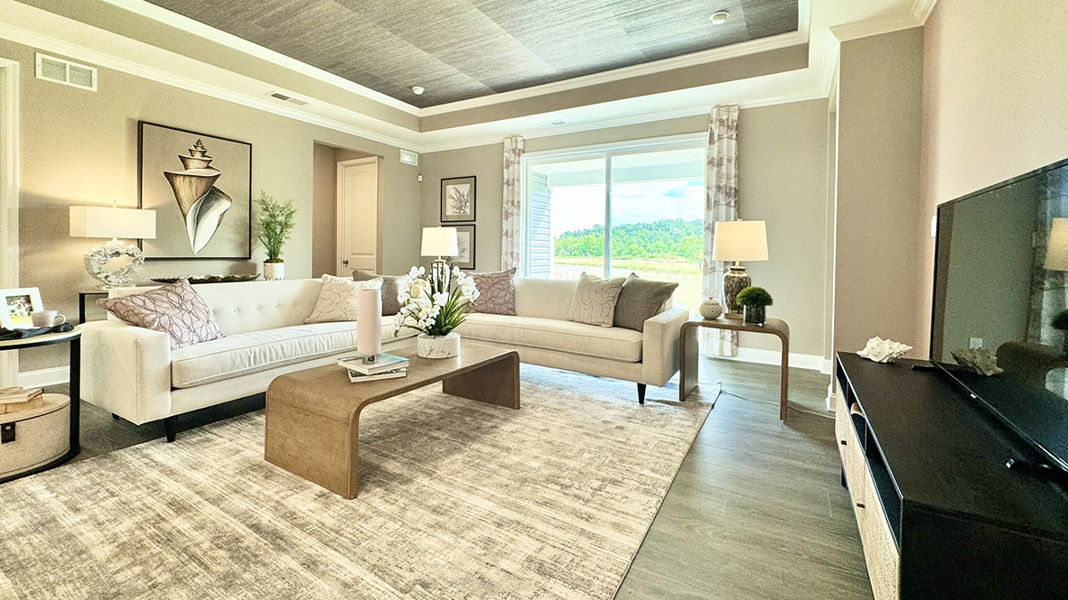 Large living area with tray ceiling.