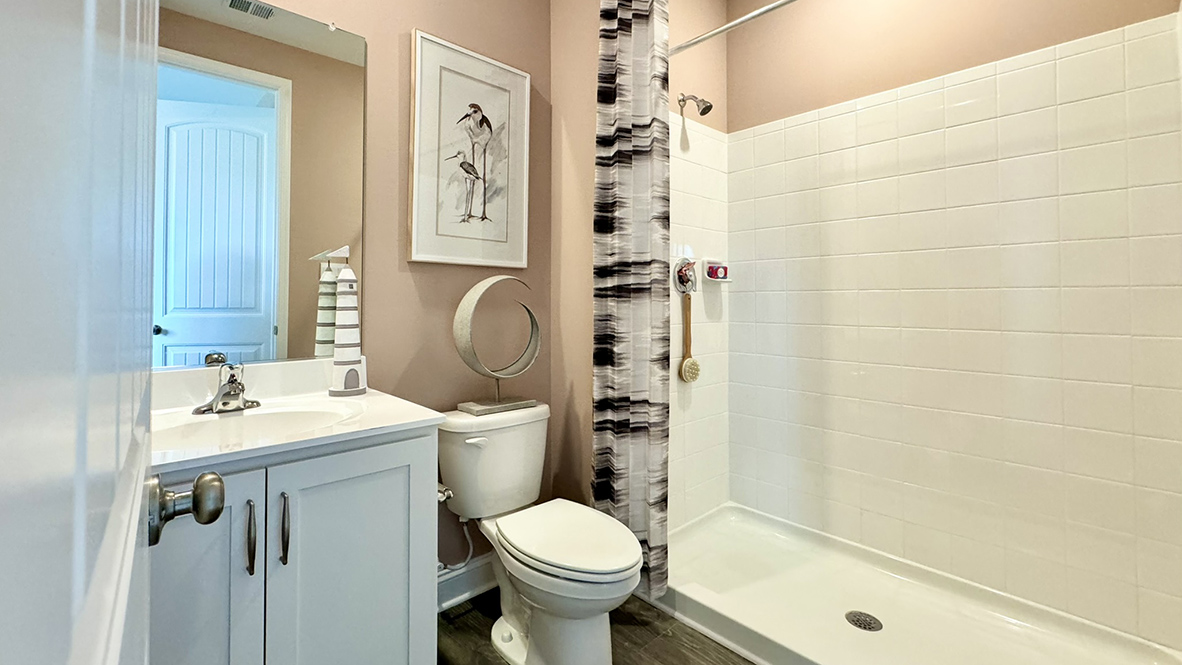 Walk-in shower with vanity and toilet.