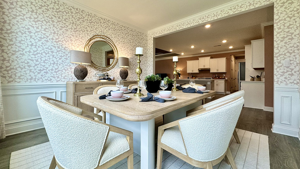 The dining room flows nicely into the living space.