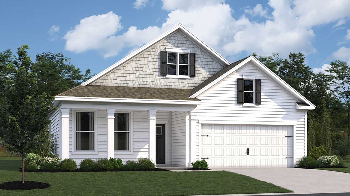The Dover is a ranch home with a two-car garage.