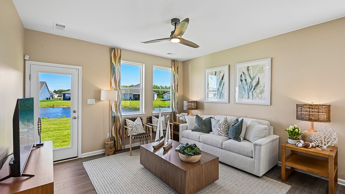 The great room gives access to the backyard.