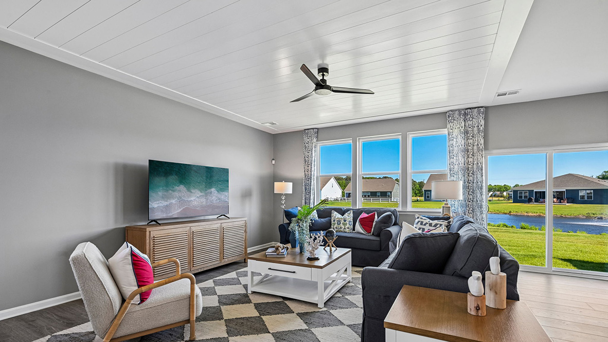 The expansive great room is open and allows for family and friends to gather comfortably.