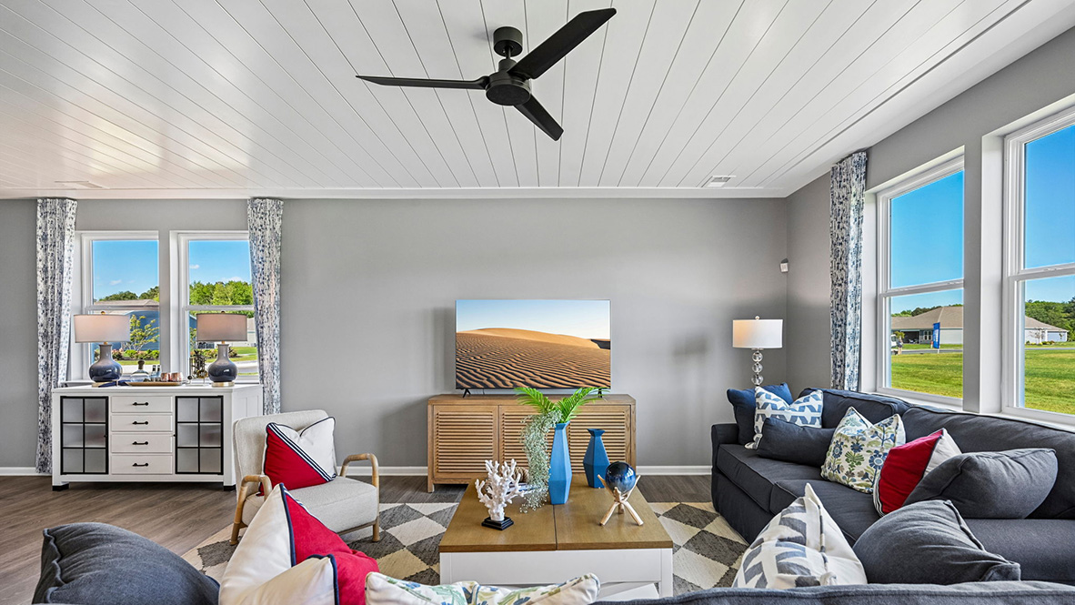 The expansive great room is open and allows for family and friends to gather comfortably.
