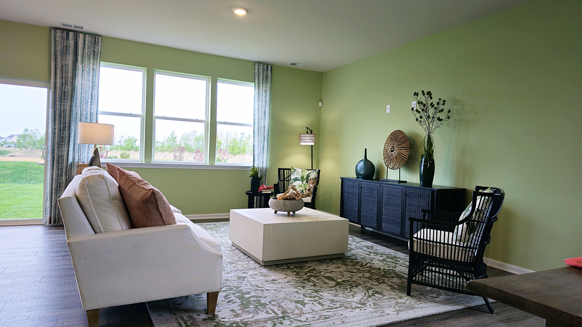 The expansive great room is open and allows for family and friends to gather comfortably.