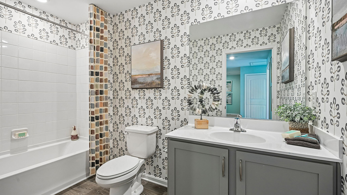 The guest bathroom is a full bath.