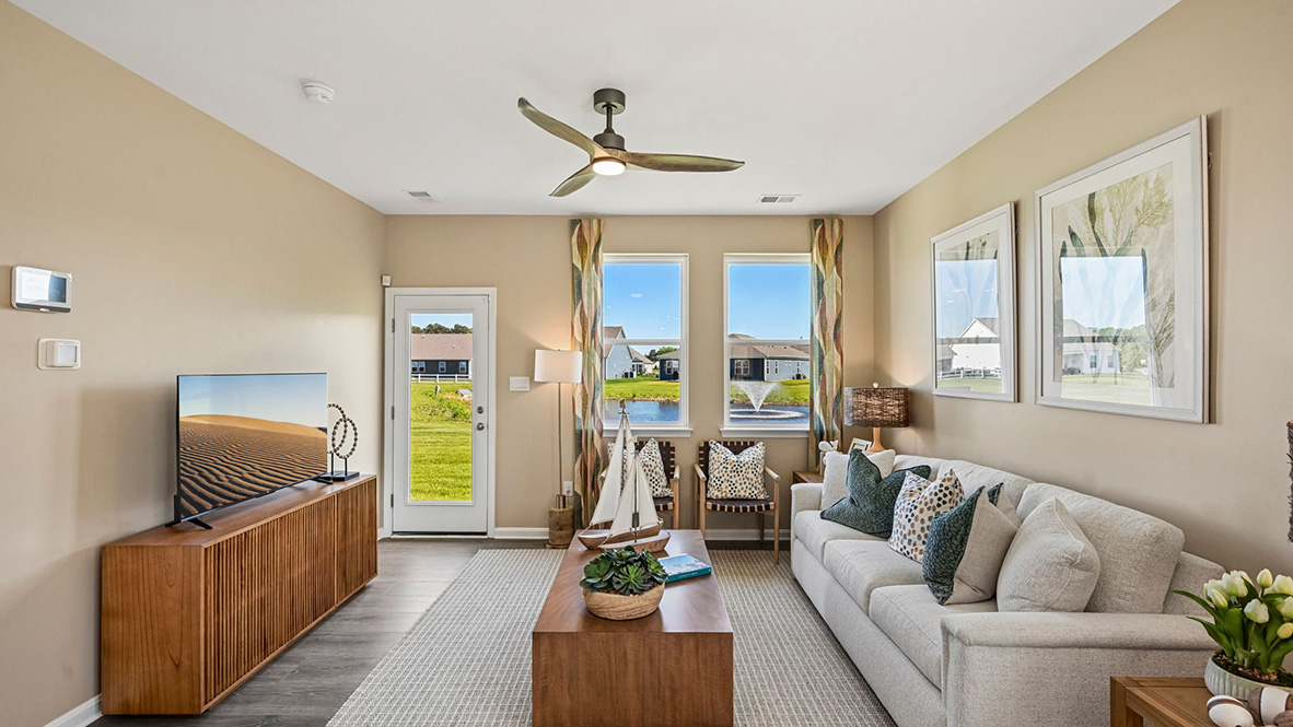 The great room gives access to the backyard.