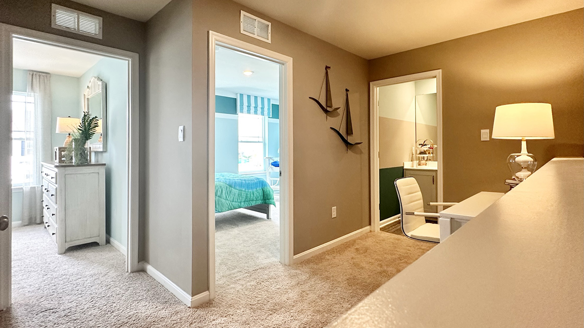 The tucked-away stairs lead you to a landing area.