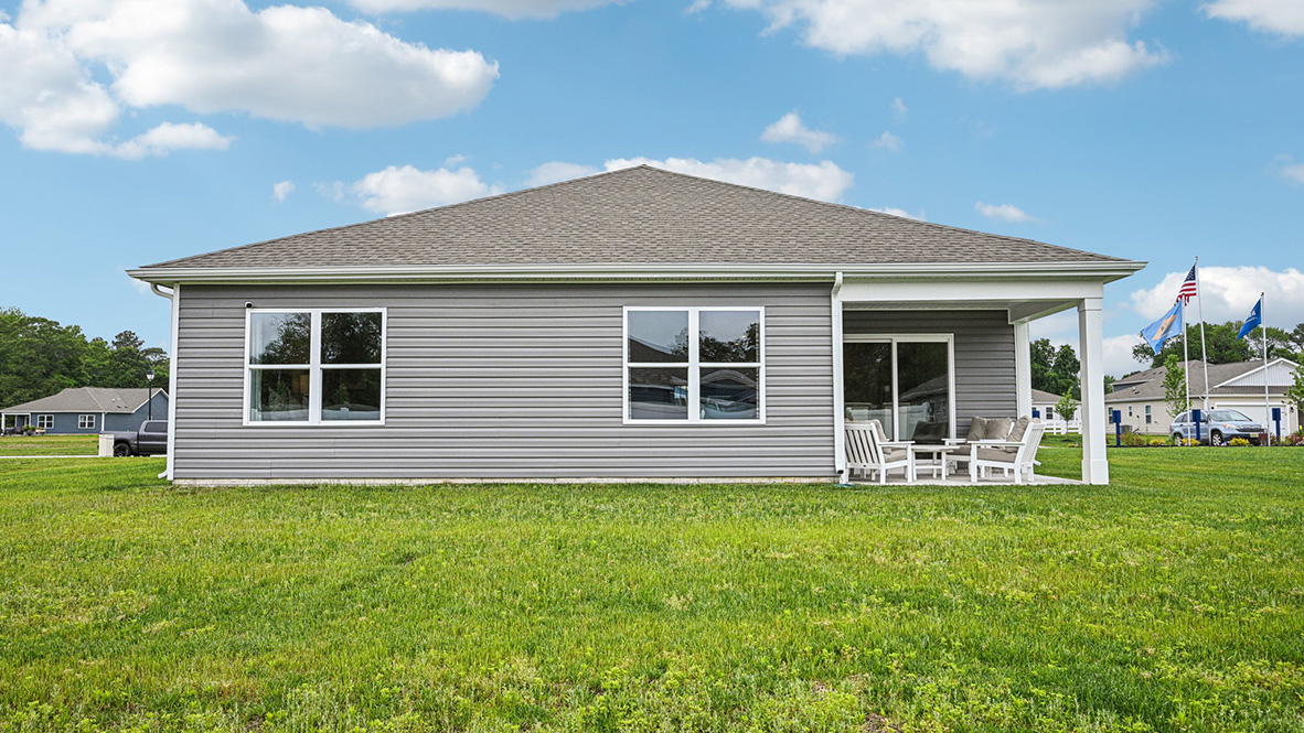 The Cali has a large covered patio on the back of the home.