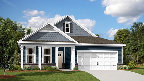 A rendering of a Bristol ranch home with blue siding.