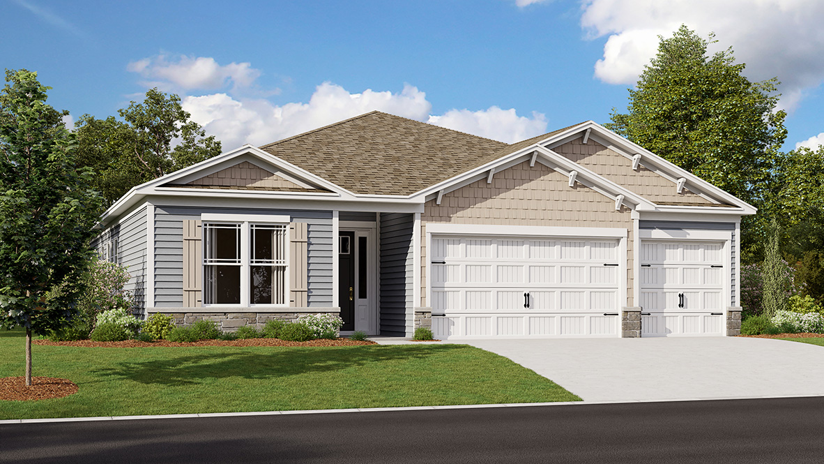 A rendering of the Destin, a one-story home with tan siding.