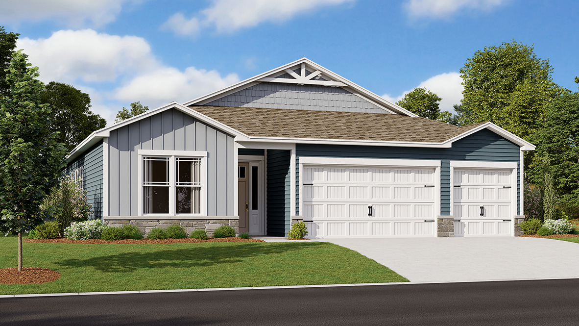 A rendering of the Destin, a one-story home with gray siding.