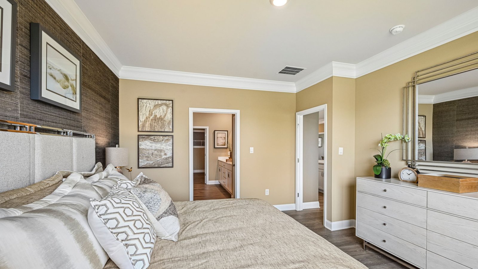 The large primary bedroom has a private bathroom with large linen closet.