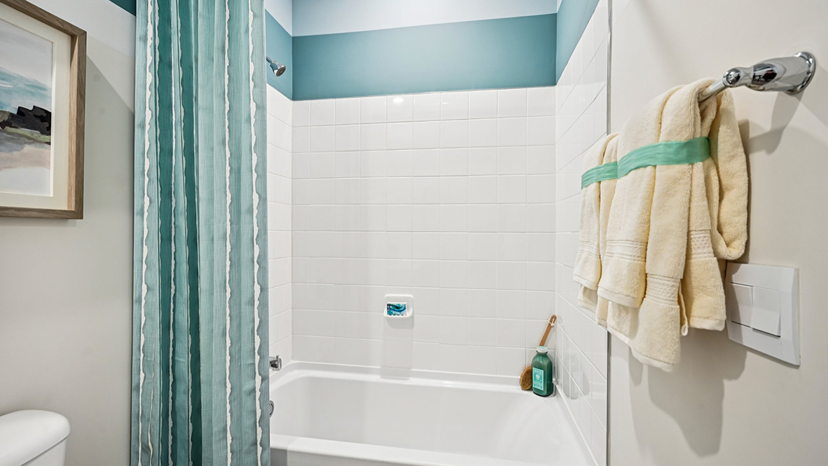The guest bathroom has a shower tub.