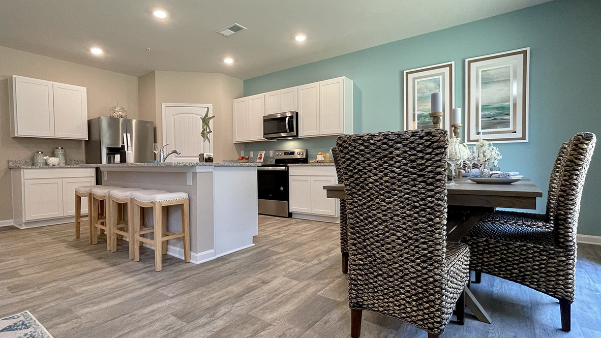 The kitchen flows nicely into the dining area.