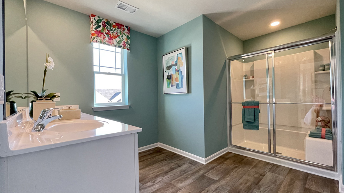 Primary bathroom with a vanity and walk-in shower.