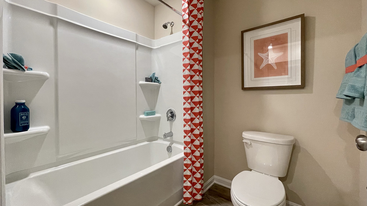 The shared hallway bathroom has a tub showe