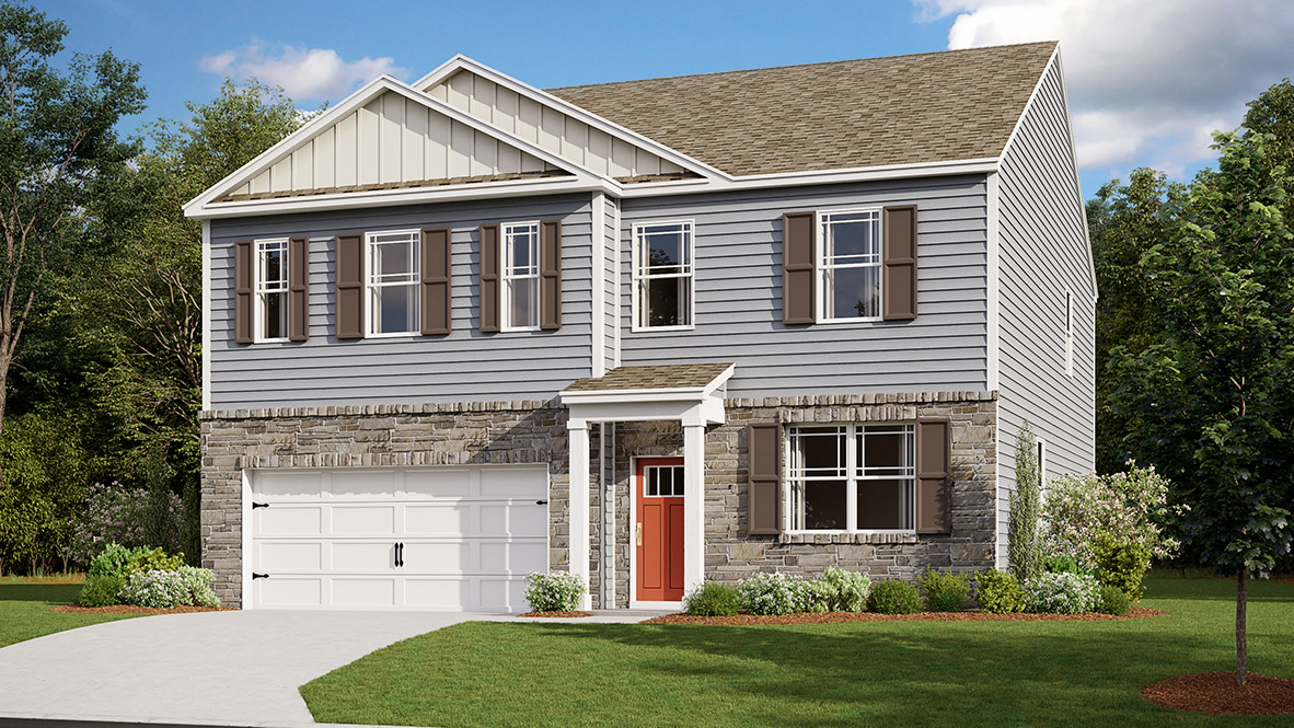 A rendering of the Hanover floorplan with gray siding and a red front door.