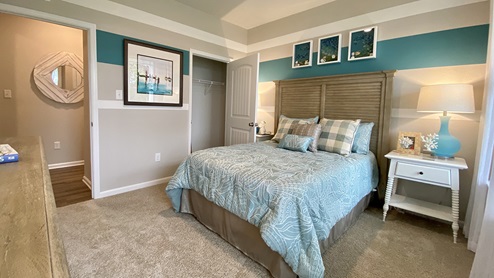 The spacious guest bedroom has a closet.