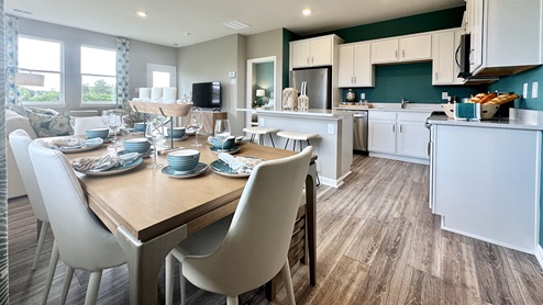 The kitchen is open to the ample great room with access to the backyard.