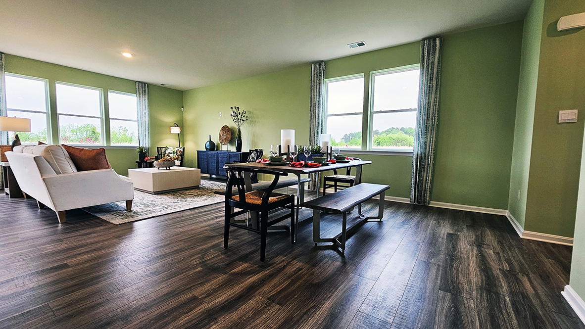 The dining area and expansive great room are all open and allow for family and friends to gather comfortably.