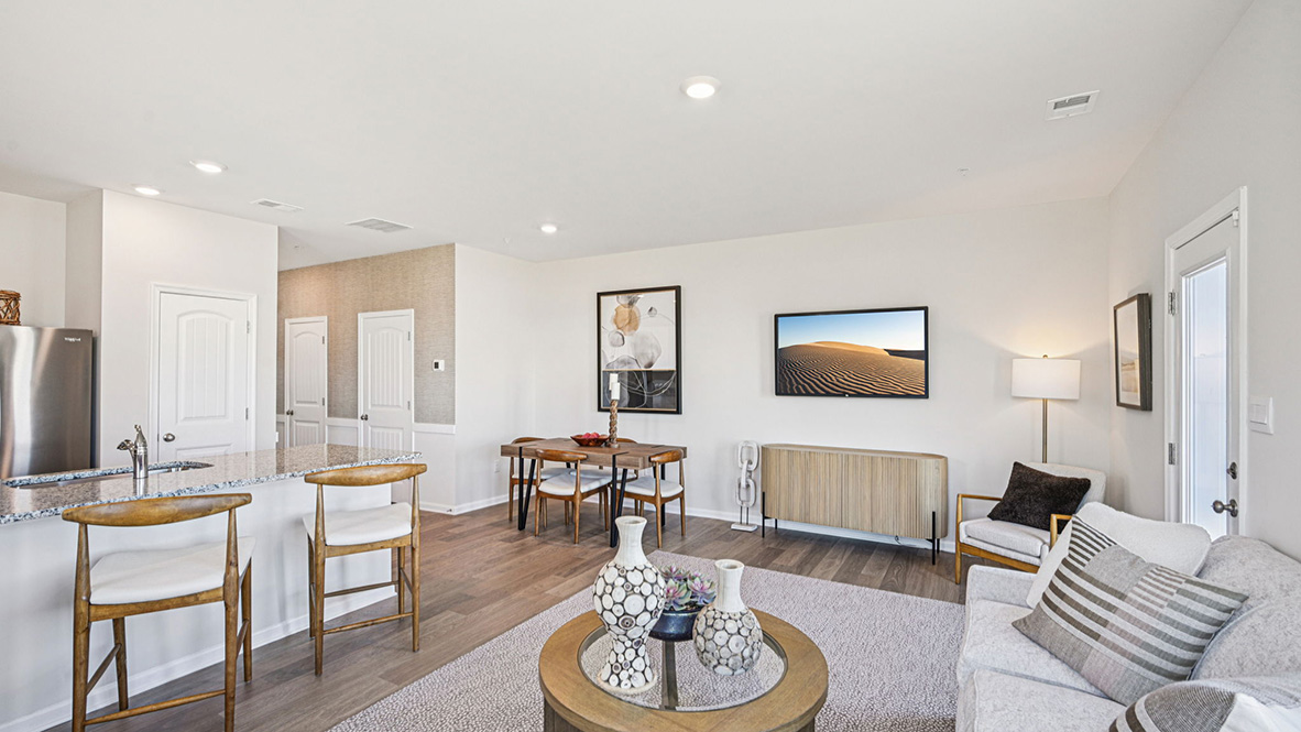 The kitchen is open to the ample dining area.